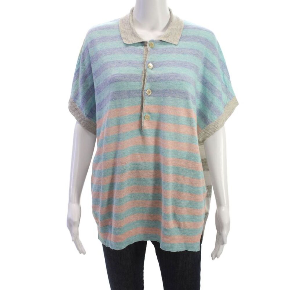 Eolas Women Pullover Light Blue Linen Striped Collared Short Sleeve Size L